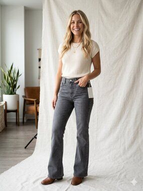 NWT Etica Nina High Rise Flare Jeans Stormy Skies Grey Size 24 100% Cotton